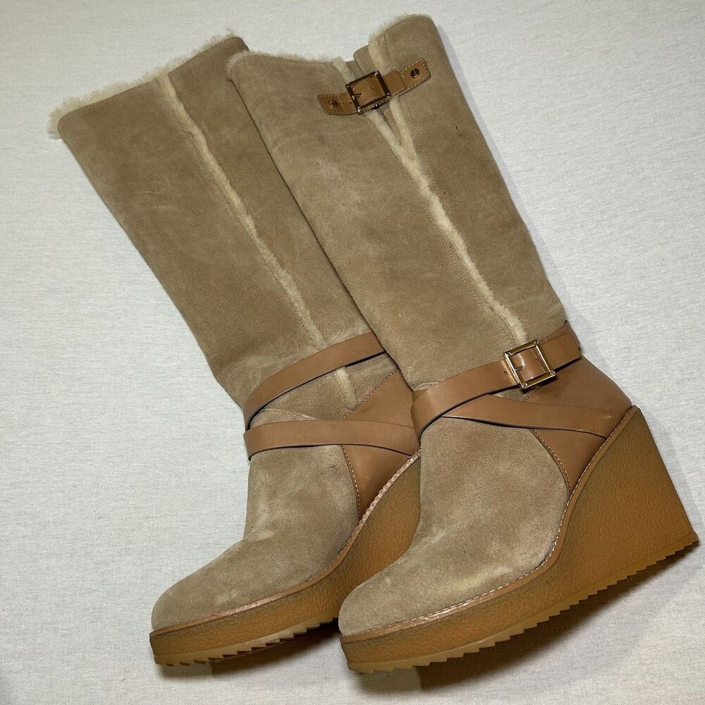Tory Burch tan suede shearling-lined wedge boots, 9/9.5 (est)